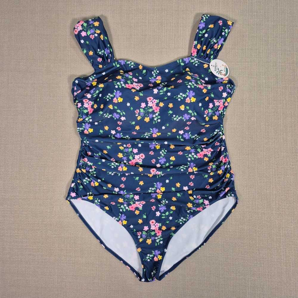 B2PRITY Women Navy Floral Ruched One Piece Swimsuit Tummy Control 2XL New